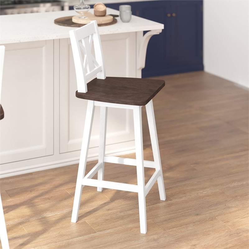 Pemberly Row 360 Swivel Wood Bar Height Stool in Antique White Wash/Gray