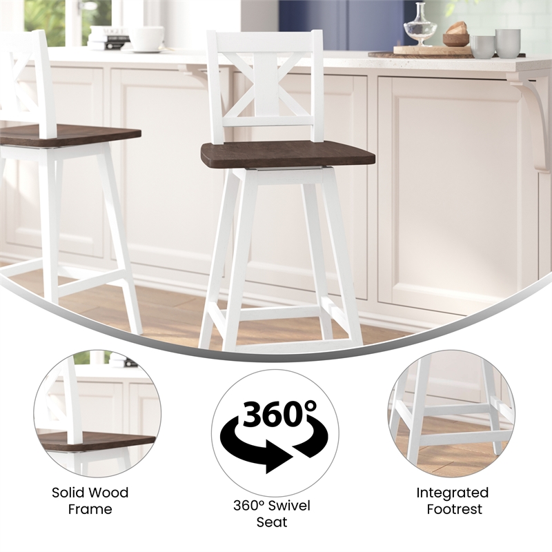 Pemberly Row 360 Swivel Wood Bar Height Stool in Antique White Wash/Gray