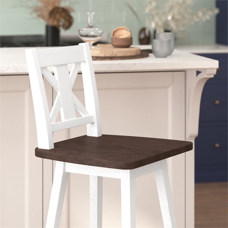 Pemberly Row 360 Swivel Wood Bar Height Stool in Antique White Wash/Gray
