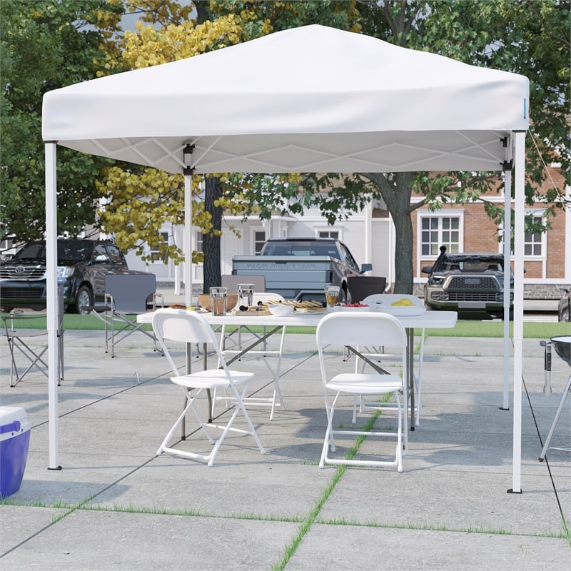 Pemberly Row 8' x 8' White Pop Up Canopy with Table and 4 Chairs Bundle