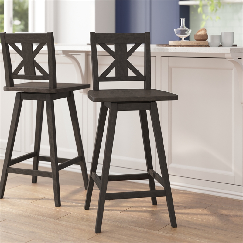 Pemberly Row 360 Swivel Wood Bar Height Stool in Gray Wash Walnut