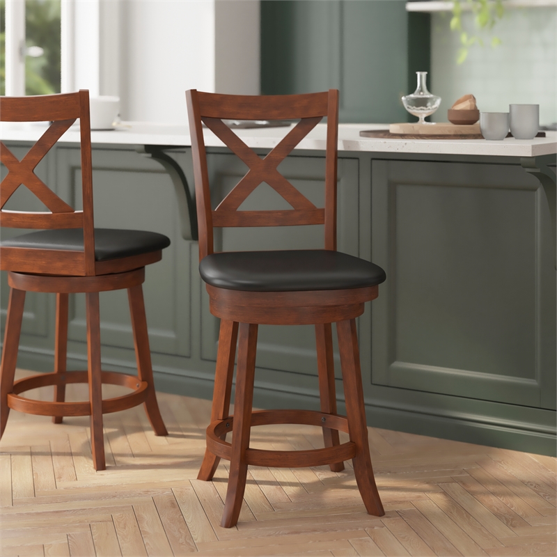 Pemberly Row Wooden Swivel Counter Stools in Antique Oak/Black