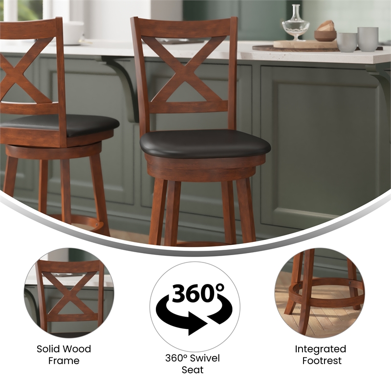 Pemberly Row Wooden Swivel Counter Stools in Antique Oak/Black