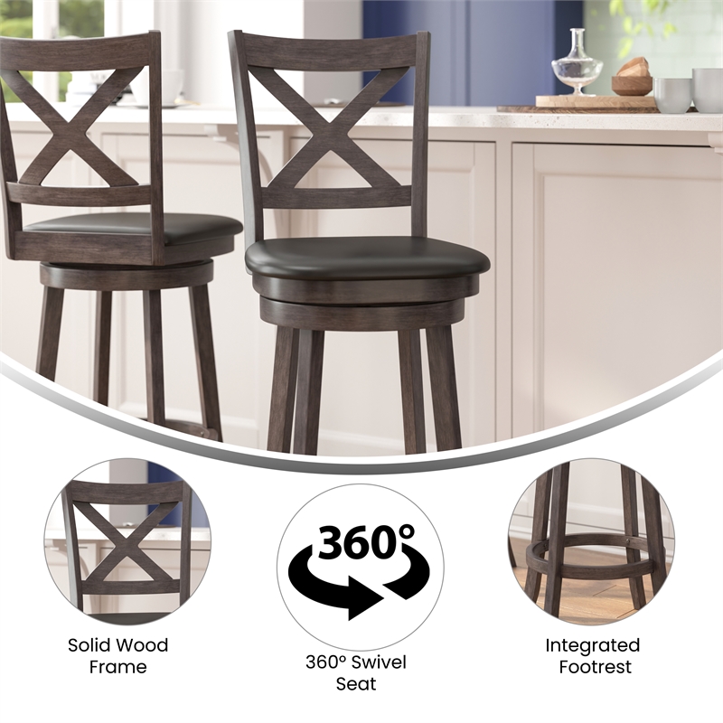 Pemberly Row Wooden Swivel Bar Stools in Gray Wash Walnut/Black