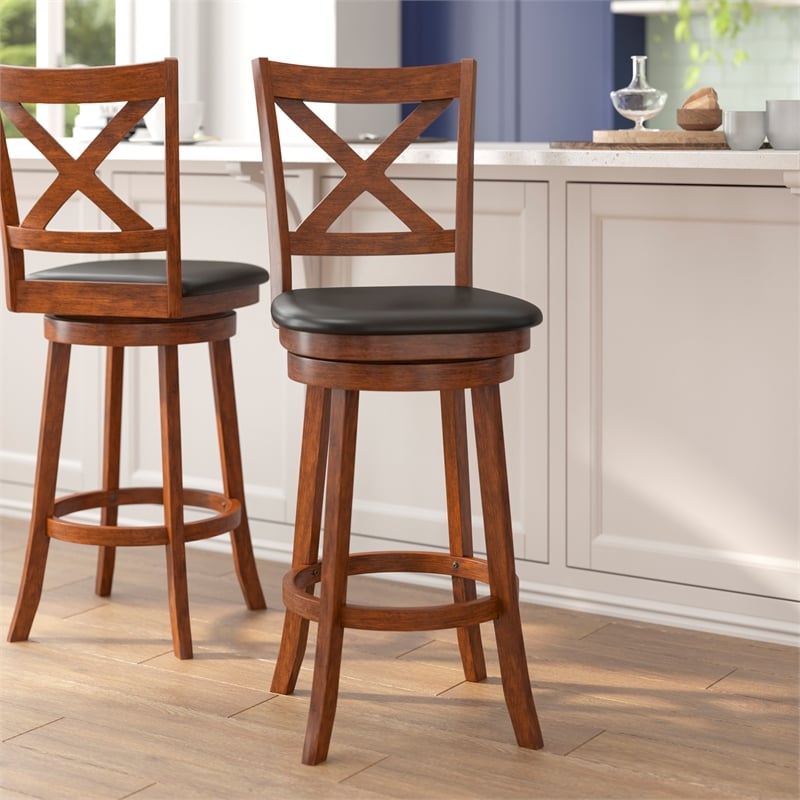 Pemberly Row Crossback Wooden Swivel Bar Stools in Antique Oak/Black