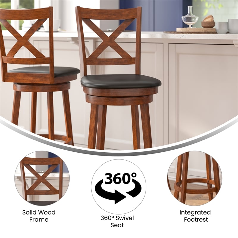 Pemberly Row Crossback Wooden Swivel Bar Stools in Antique Oak/Black