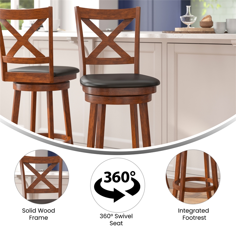 Pemberly Row Crossback Wooden Swivel Bar Stools in Antique Oak/Black