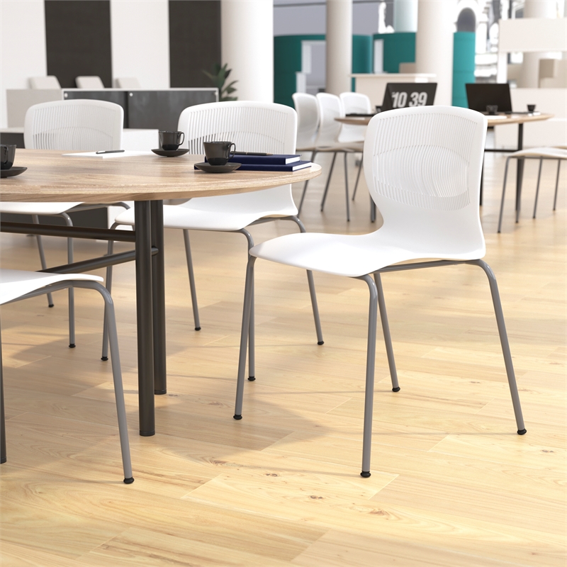 Pemberly Row 770 LB Capacity Plastic Stack Chair with Lumbar Support in White