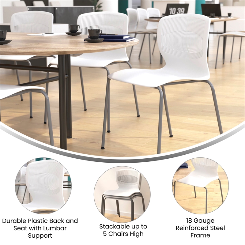 Pemberly Row 770 LB Capacity Plastic Stack Chair with Lumbar Support in White