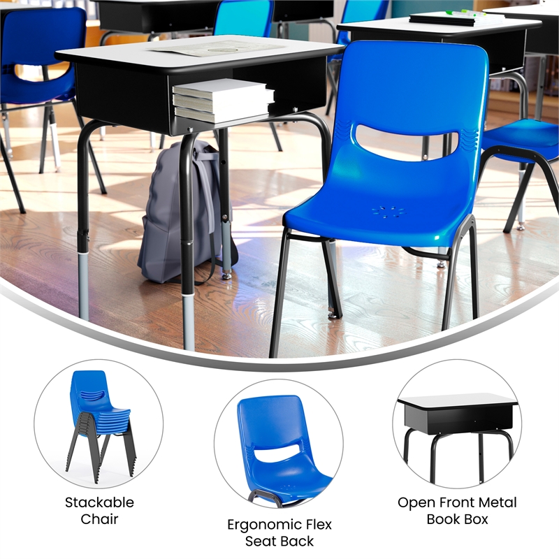 Pemberly Row Gray/Black Student Desk with Book Box and Navy Flex Comfort Chair