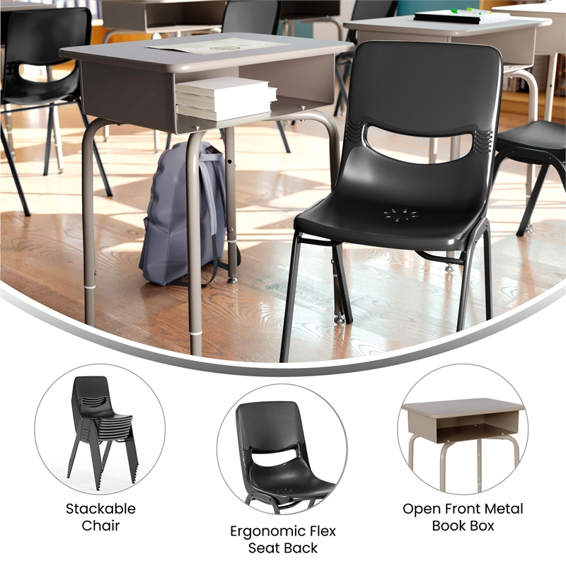 Pemberly Row Gray Granite/Silver Student Desk with Book Box and Black Chair