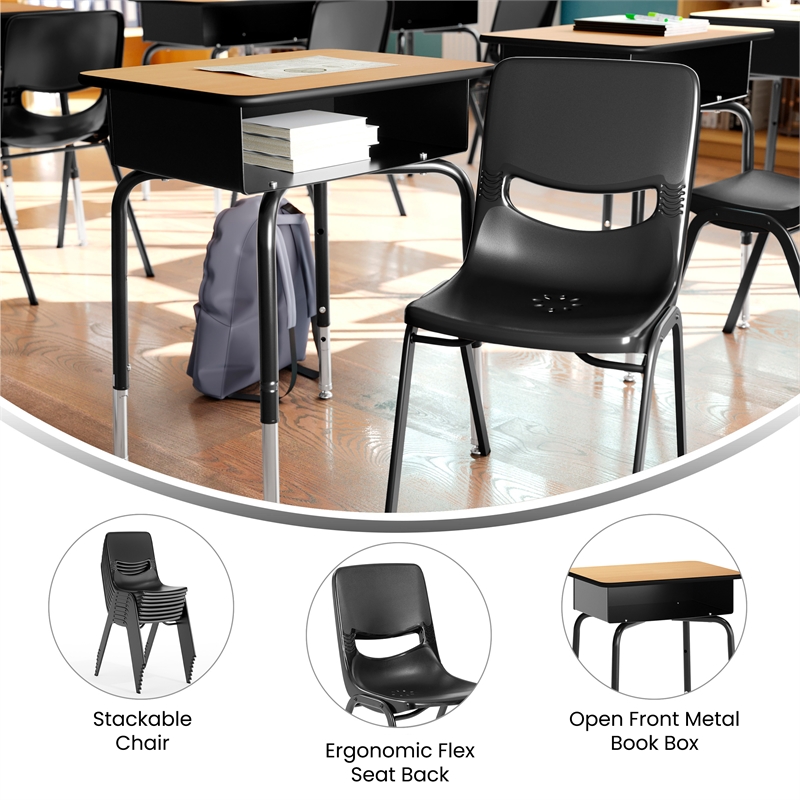 Pemberly Row Natural/Black Student Desk with Book Box & Black Flex Comfort Chair