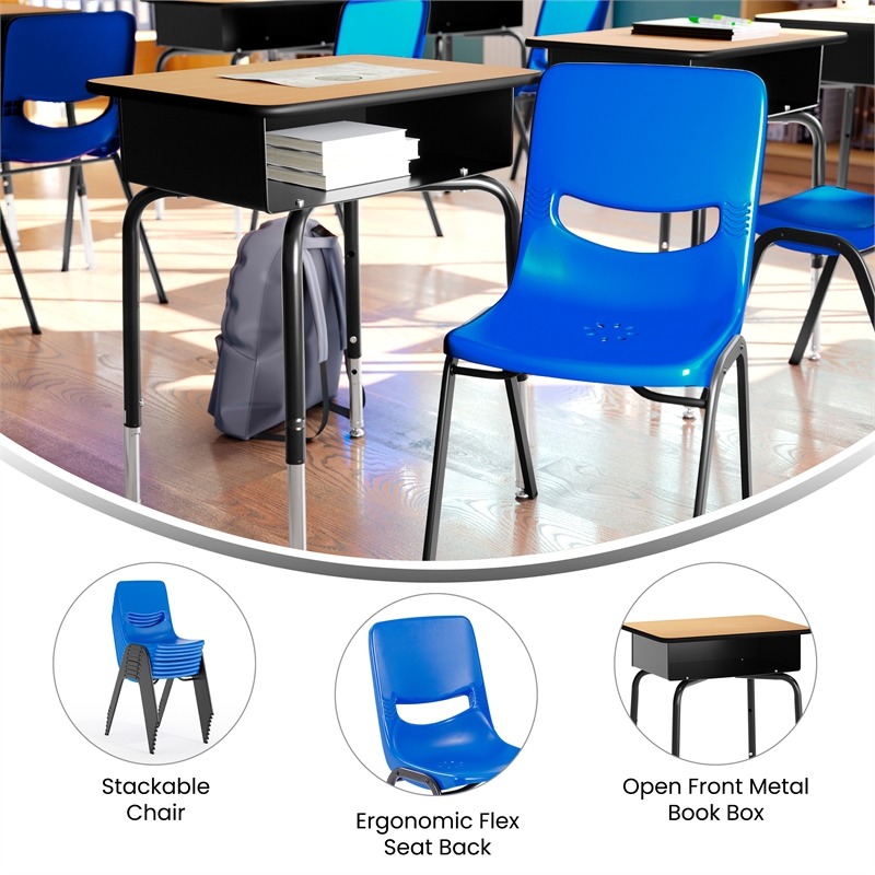 Pemberly Row Natural/Black Student Desk with Book Box & Navy Flex Comfort Chair
