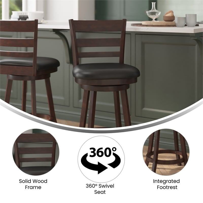 Pemberly Row Ladderback Wooden Swivel Counter Stools in Espresso/Black