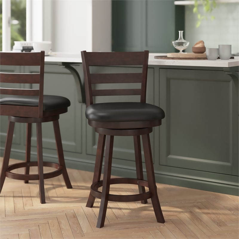 Pemberly Row Ladderback Wooden Swivel Counter Stools in Espresso/Black