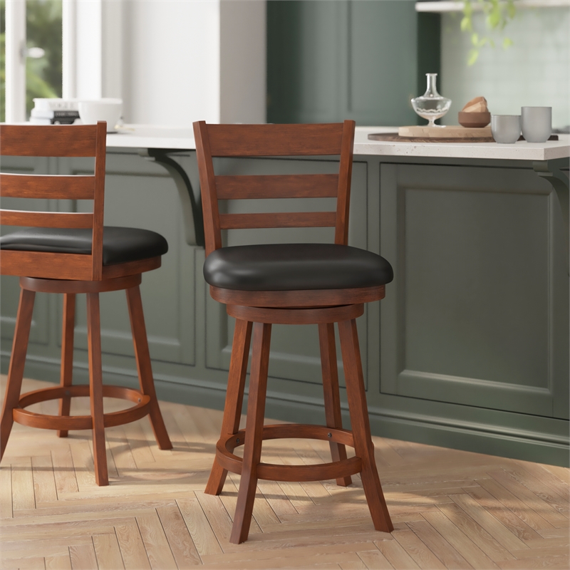 Pemberly Row Wooden Swivel Counter Stools in Antique Oak/Black