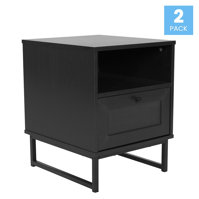 Pemberly Row Set of 2 Mid-Century Side Tables with Drawer & Shelf in Black