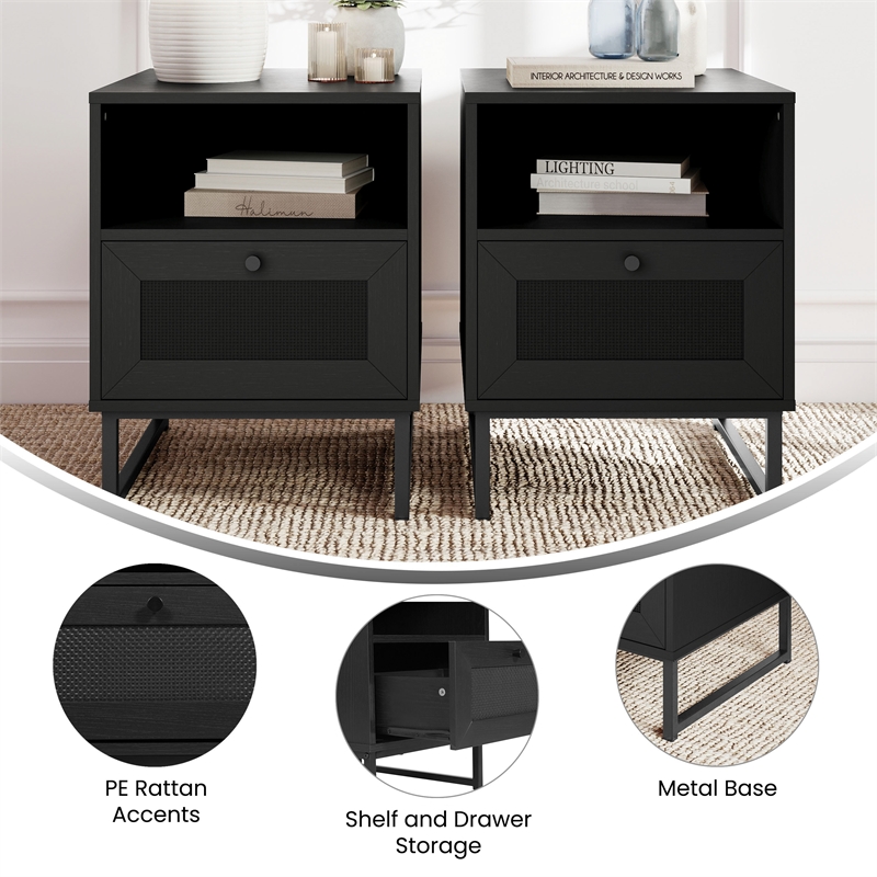 Pemberly Row Set of 2 Mid-Century Side Tables with Drawer & Shelf in Black