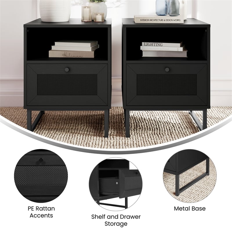 Pemberly Row Set of 2 Mid-Century Side Tables with Drawer & Shelf in Black