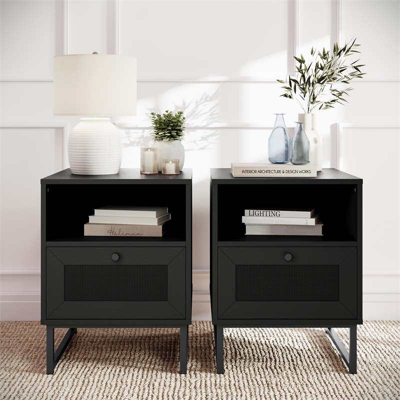 Pemberly Row Set of 2 Mid-Century Side Tables with Drawer & Shelf in Black