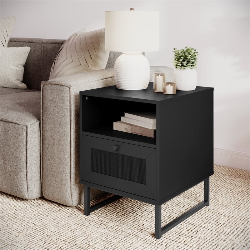 Pemberly Row Set of 2 Mid-Century Side Tables with Drawer & Shelf in Black