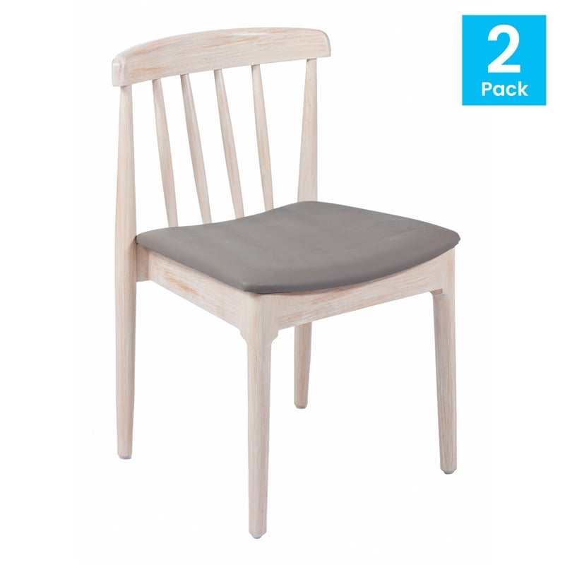 Pemberly Row Antique White Wooden Dining Chairs with Beige Seat Set of 2