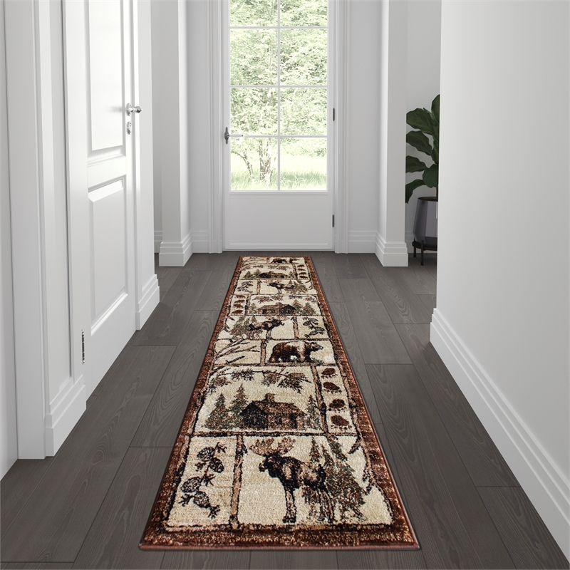 Pemberly Row Wildlife Themed Plush Indoor 2' x 7' Area Rug in Shades of Brown