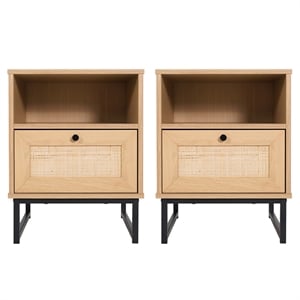 Pemberly Row Set of 2 Mid-Century Side Tables with Drawer & Shelf in Natural