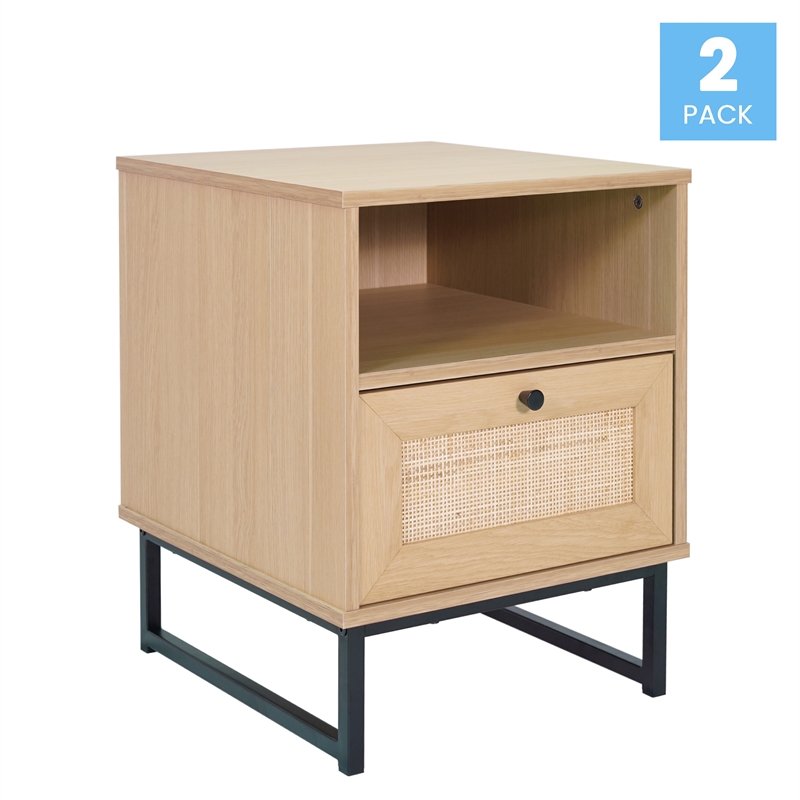 Pemberly Row Set of 2 Mid-Century Side Tables with Drawer & Shelf in Natural