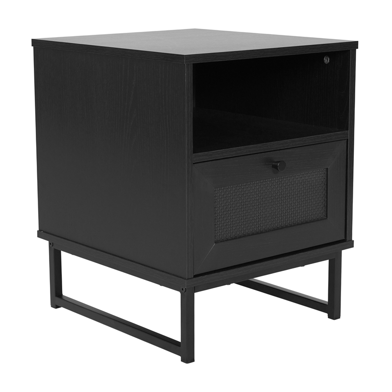 Pemberly Row Mid-Century Modern Side Table with Storage Drawer & Shelf in Black