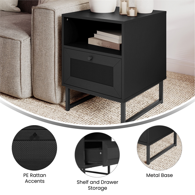Pemberly Row Mid-Century Modern Side Table with Storage Drawer & Shelf in Black