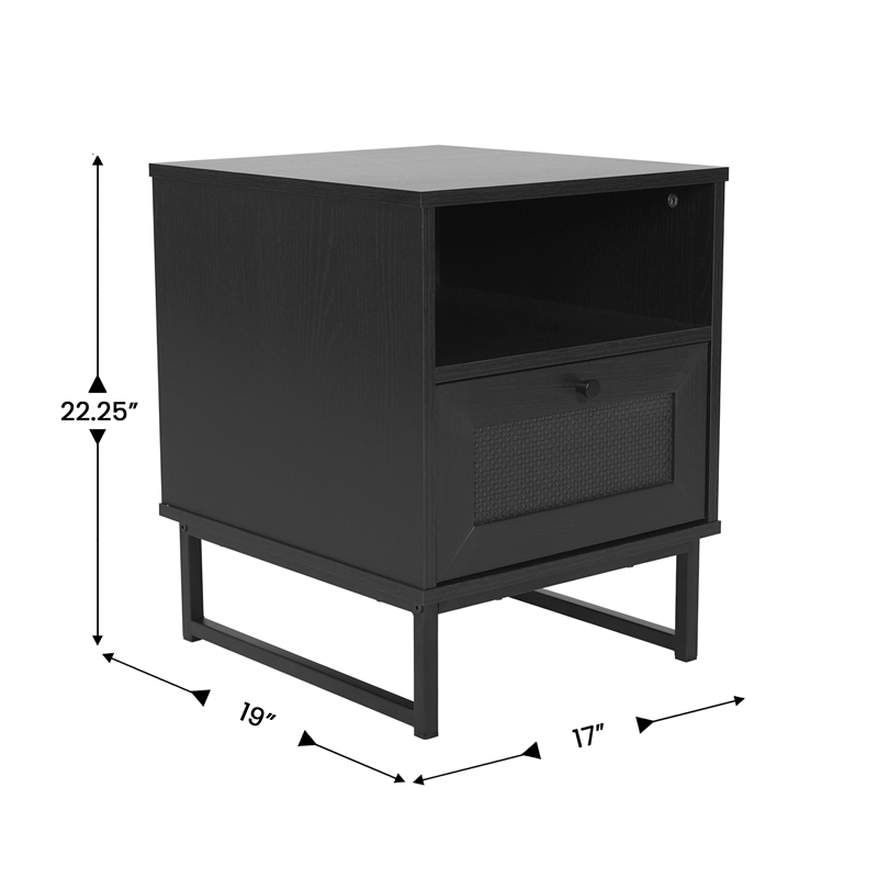 Pemberly Row Mid-Century Modern Side Table with Storage Drawer & Shelf in Black
