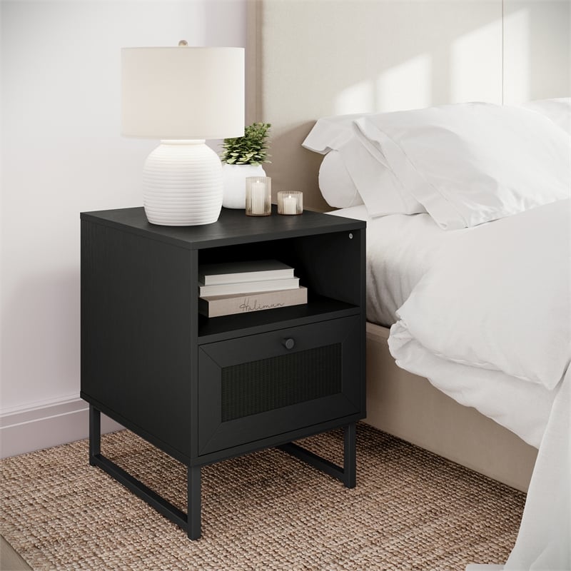 Pemberly Row Mid-Century Modern Side Table with Storage Drawer & Shelf in Black