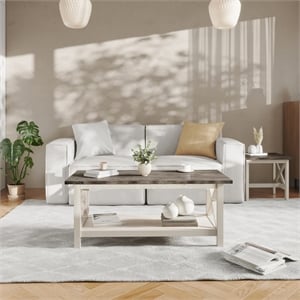 Pemberly Row Solid Wood Farmhouse Coffee Table in Acacia Gray and Rustic White