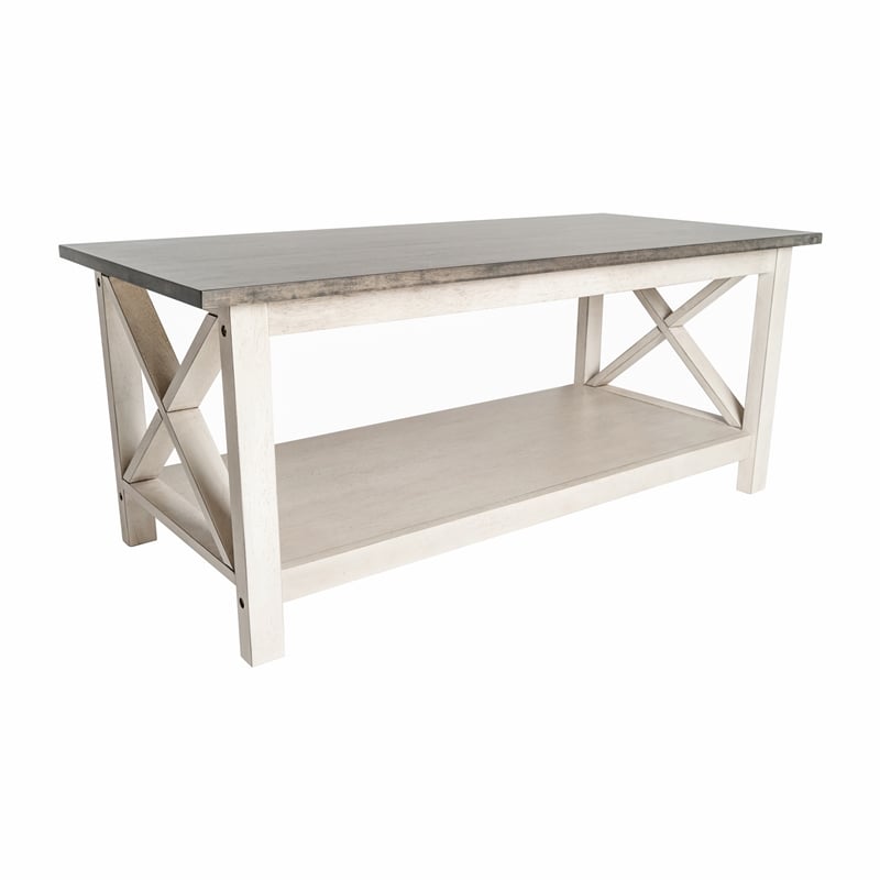 Pemberly Row Solid Wood Farmhouse Coffee Table in Acacia Gray and Rustic White