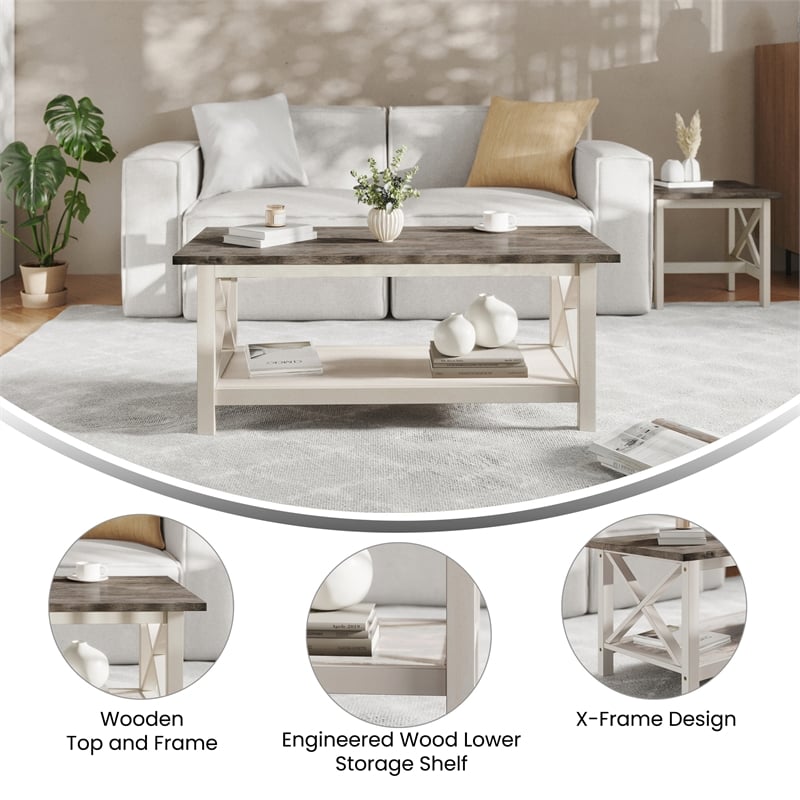 Pemberly Row Solid Wood Farmhouse Coffee Table in Acacia Gray and Rustic White
