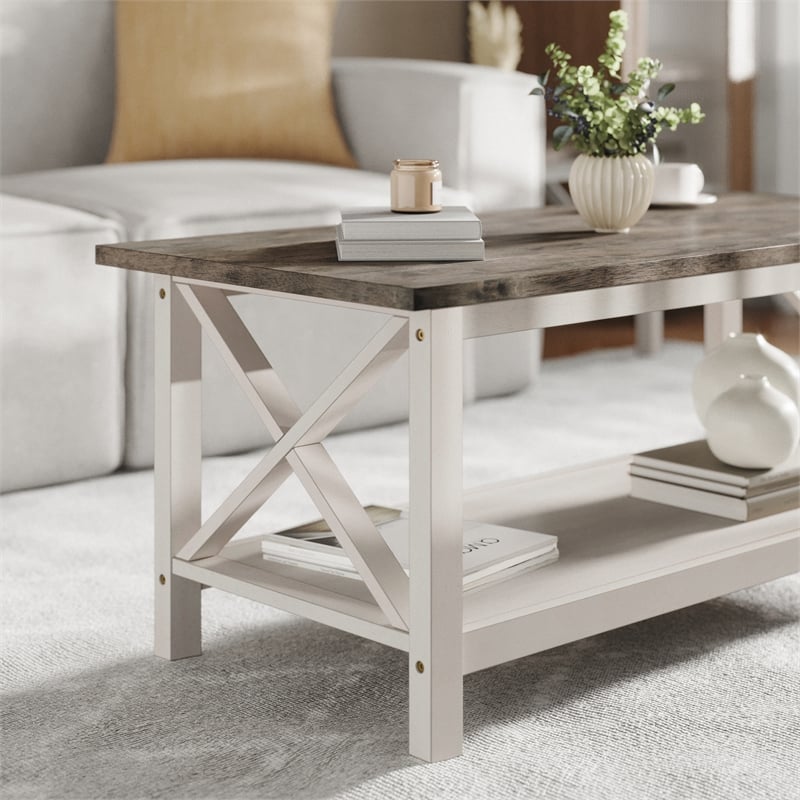 Pemberly Row Solid Wood Farmhouse Coffee Table in Acacia Gray and Rustic White