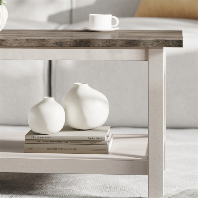 Pemberly Row Solid Wood Farmhouse Coffee Table in Acacia Gray and Rustic White