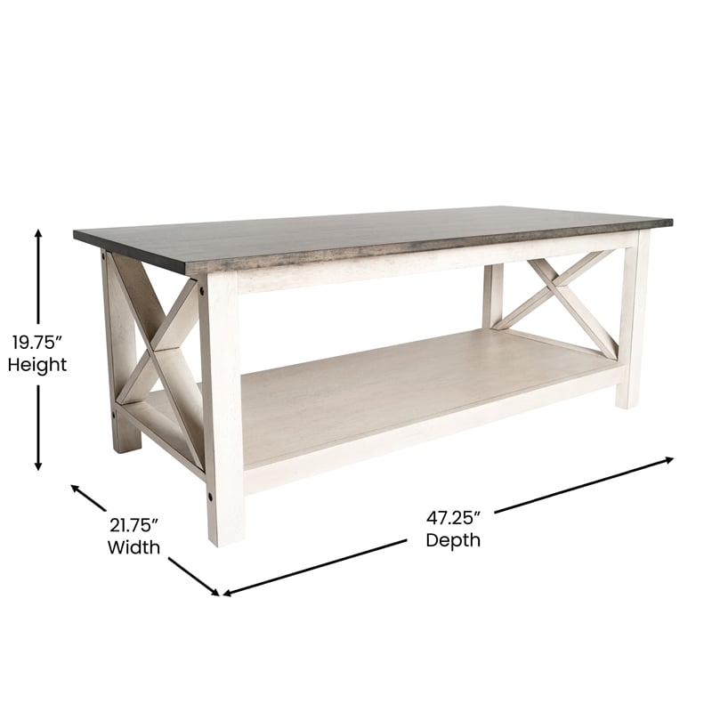 Pemberly Row Solid Wood Farmhouse Coffee Table in Acacia Gray and Rustic White