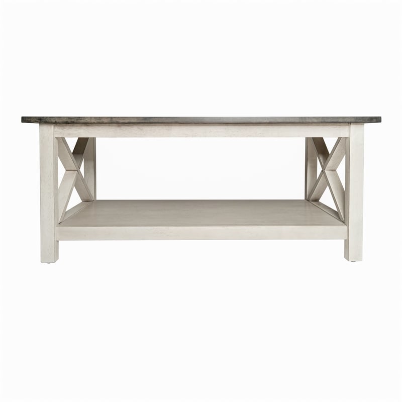 Pemberly Row Solid Wood Farmhouse Coffee Table in Acacia Gray and Rustic White