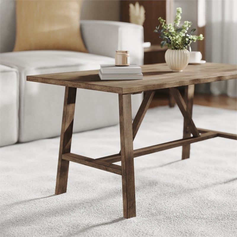 Pemberly Row Solid Wood Farmhouse Trestle Style Coffee Table in Rustic Brown