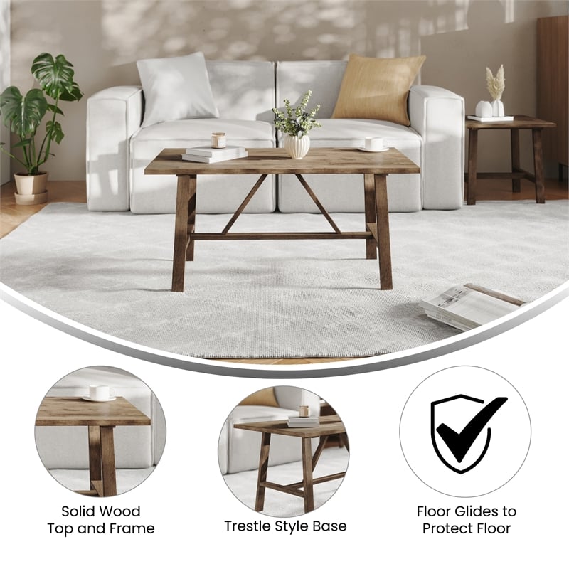 Pemberly Row Solid Wood Farmhouse Trestle Style Coffee Table in Rustic Brown