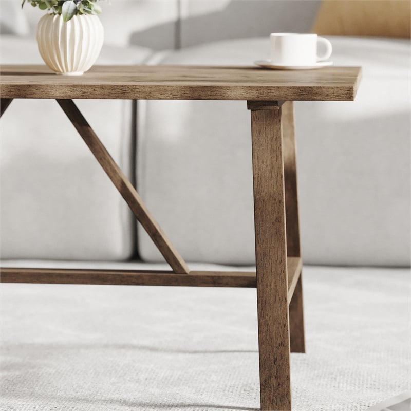 Pemberly Row Solid Wood Farmhouse Trestle Style Coffee Table in Rustic Brown