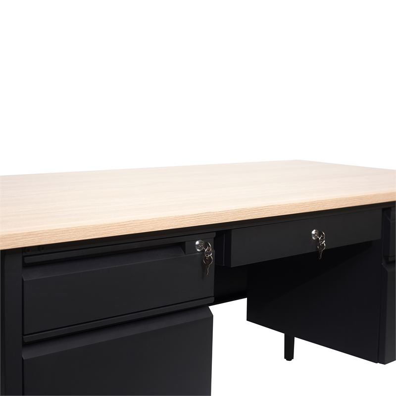 Pemberly Row 50x60 Double Pedestal Desk with 5 Locking Drawers in White Oak