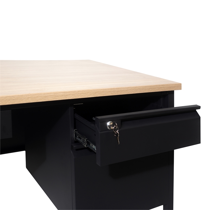 Pemberly Row 50x60 Double Pedestal Desk with 5 Locking Drawers in White Oak