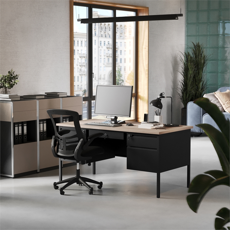 Pemberly Row 50x60 Double Pedestal Desk with 5 Locking Drawers in White Oak