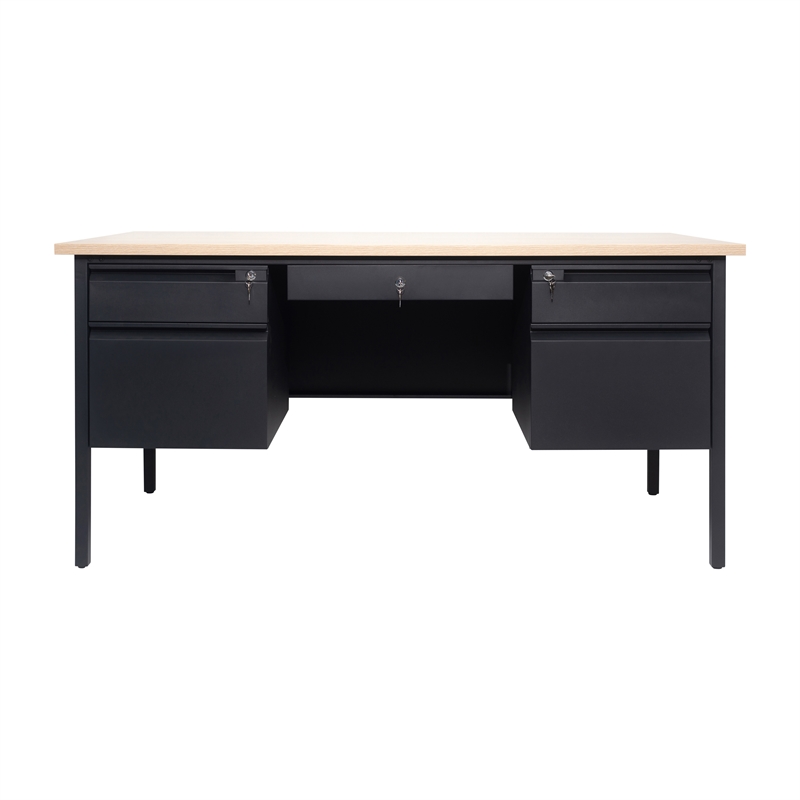 Pemberly Row 50x60 Double Pedestal Desk with 5 Locking Drawers in White Oak