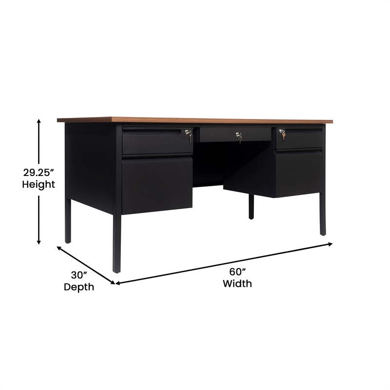 Pemberly Row 50x60 Double Pedestal Desk with 5 Locking Drawers in Walnut