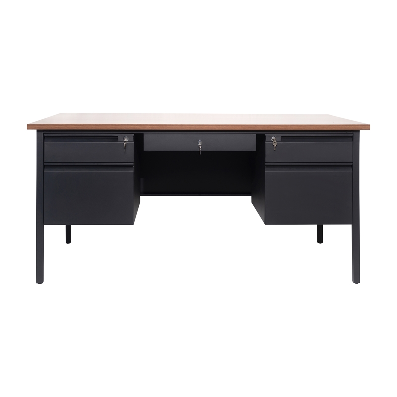 Pemberly Row 50x60 Double Pedestal Desk with 5 Locking Drawers in Walnut