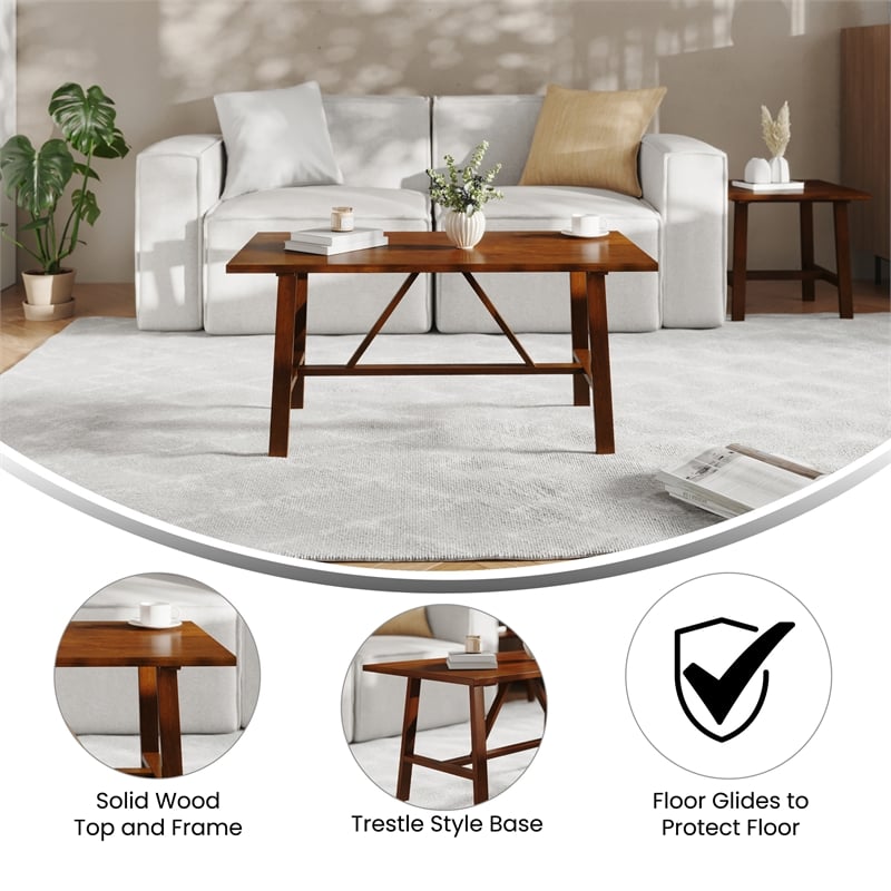 Pemberly Row Solid Wood Farmhouse Trestle Style Coffee Table in Walnut